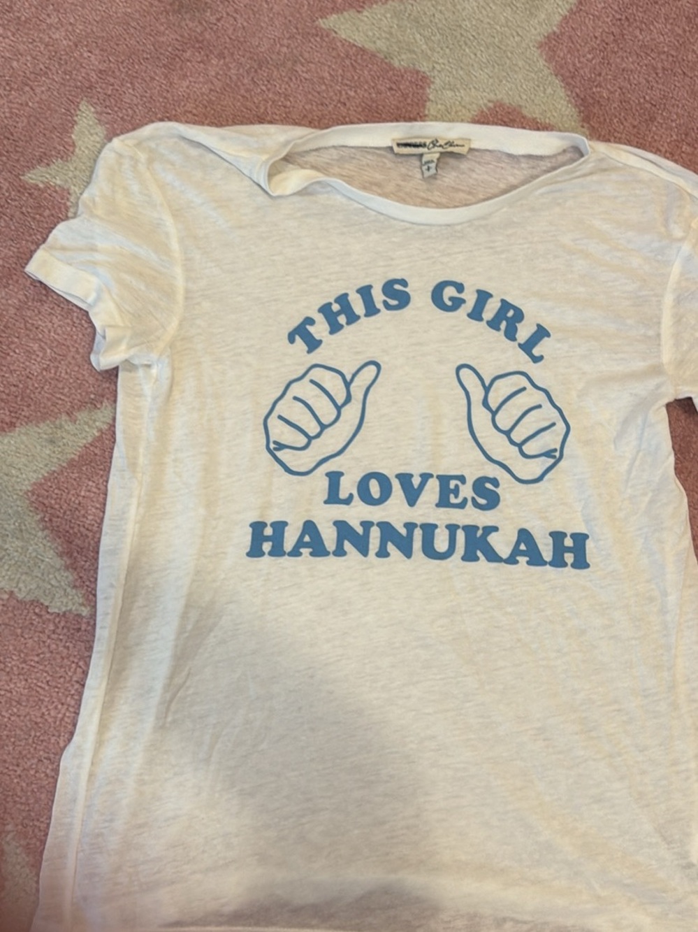 Express White Short Sleeve Tee with Blue 'This Girl Loves Hannukah' Graphic